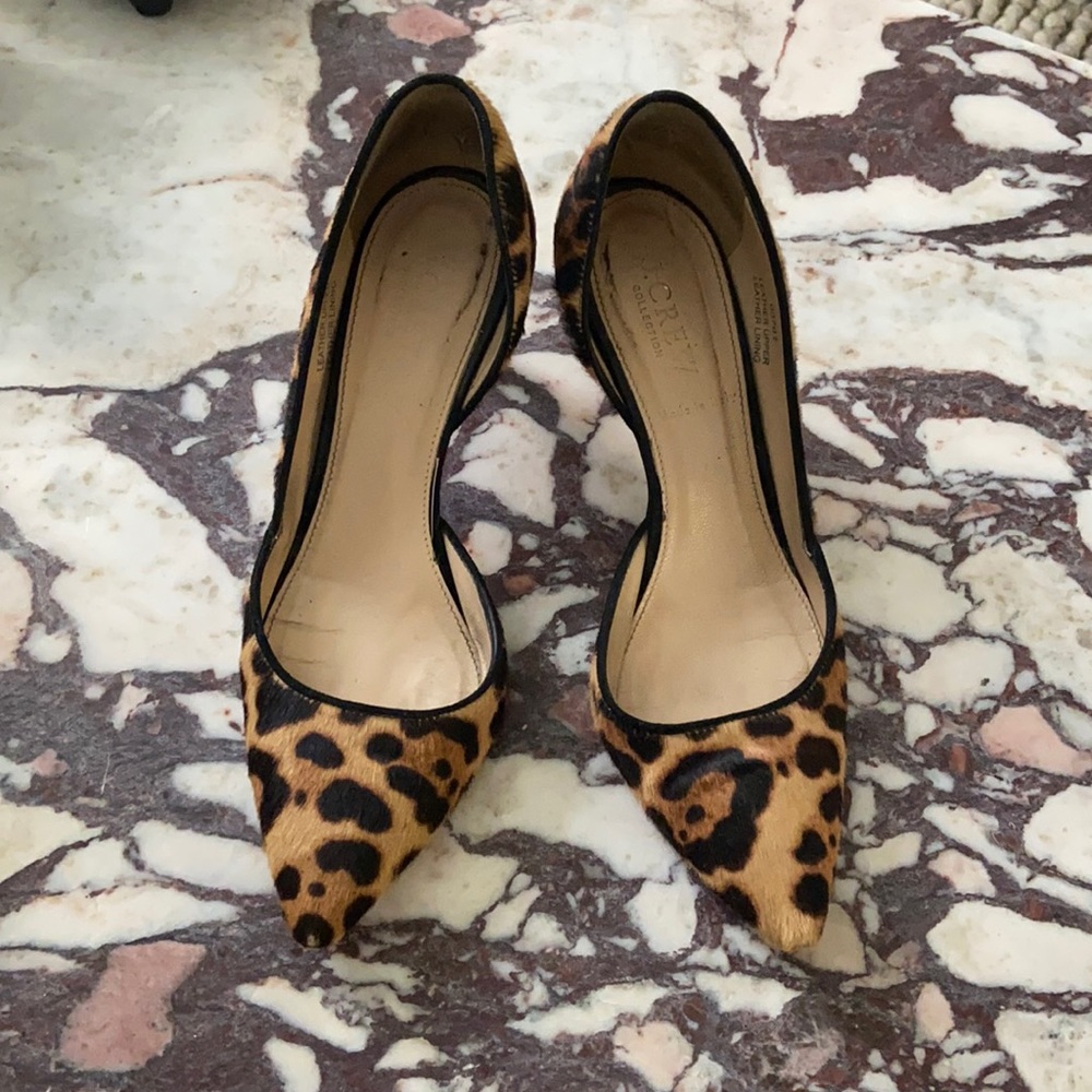 J. Crew Leopard Calf-Hair Pointed Toe Pumps with Black Trim